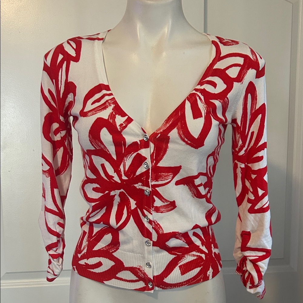 INC International Concepts White & Red Floral Button Cardigan